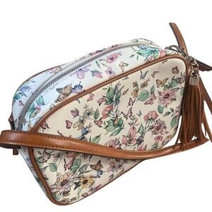 Floral + Butterfly Print Crossbody Bag with Tan Accents
